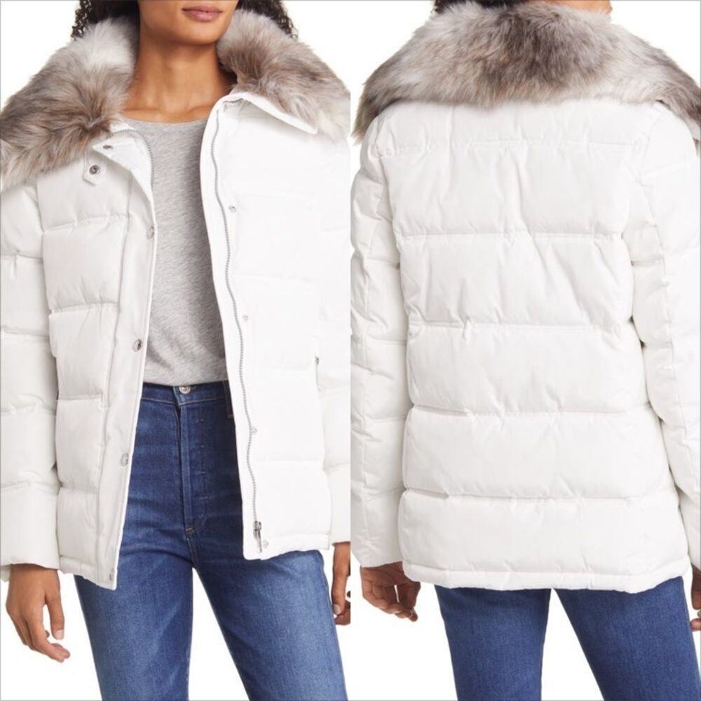 Sam EDELMAN Cream Water Repellent Puffer Coat with zip off Faux Fur Collar
